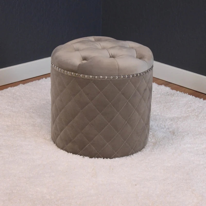 Round Velvet Ottoman with Button Tufting and Chrome Nailheads