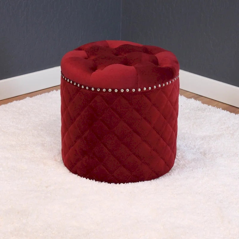 Round Velvet Ottoman with Button Tufting and Chrome Nailheads