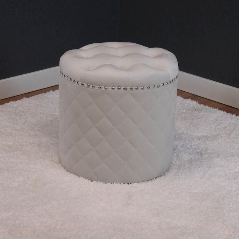 Round Velvet Ottoman with Button Tufting and Chrome Nailheads