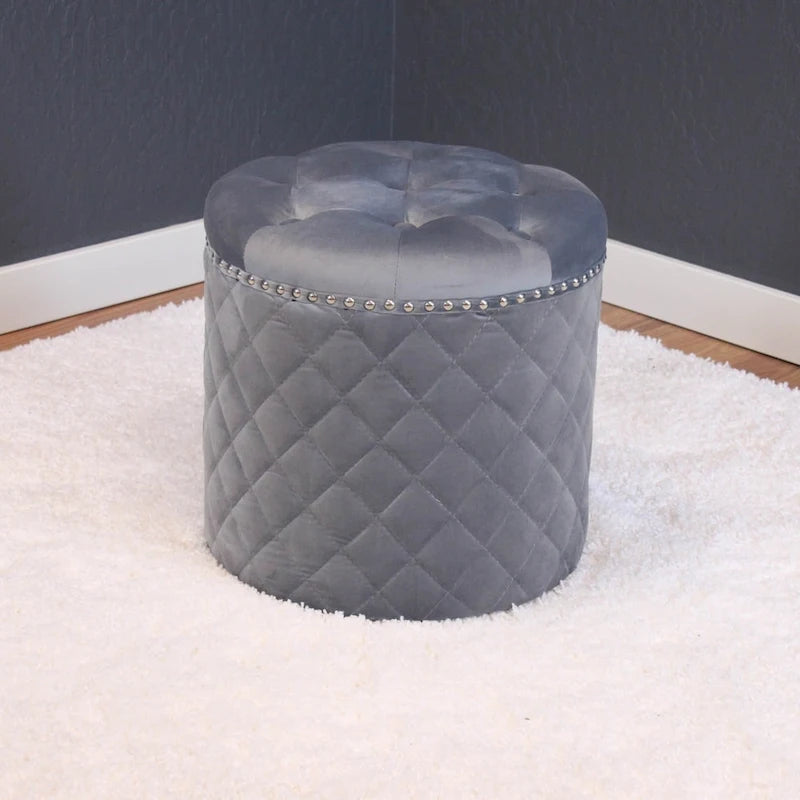 Round Velvet Ottoman with Button Tufting and Chrome Nailheads