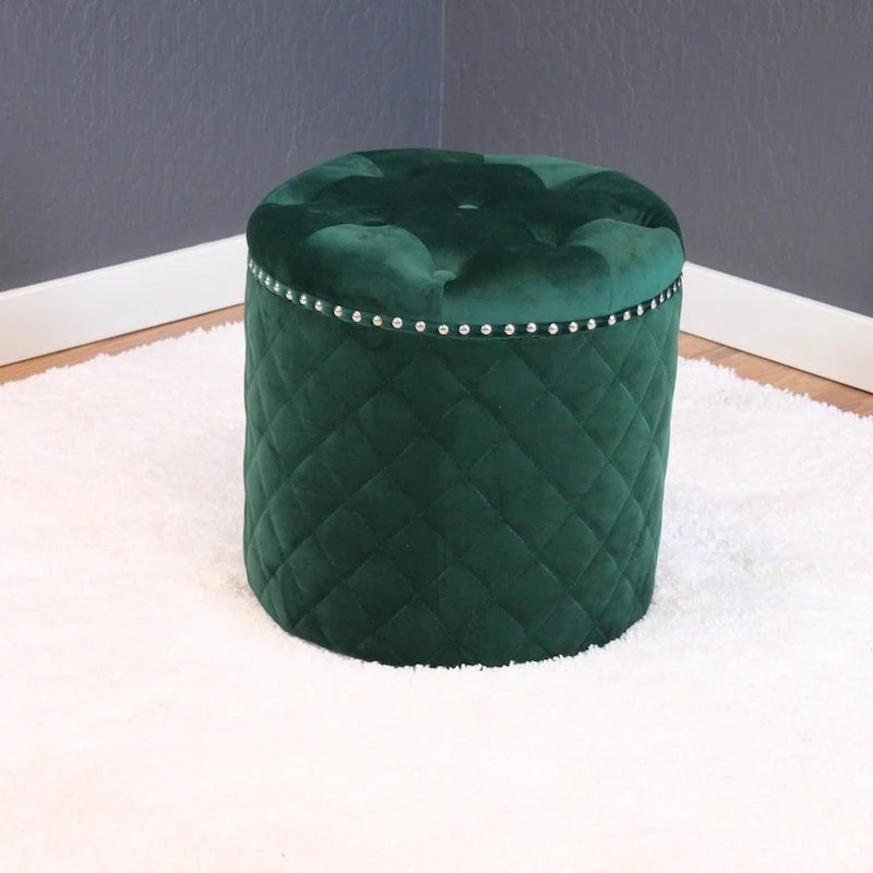 Round Velvet Ottoman with Button Tufting and Chrome Nailheads