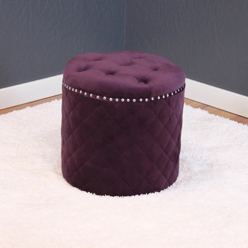 Round Velvet Ottoman with Button Tufting and Chrome Nailheads