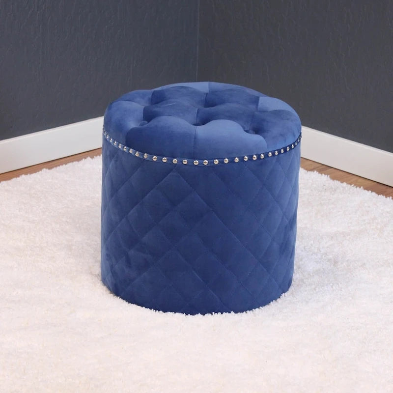 Round Velvet Ottoman with Button Tufting and Chrome Nailheads
