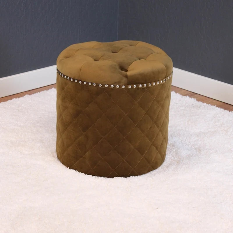Round Velvet Ottoman with Button Tufting and Chrome Nailheads