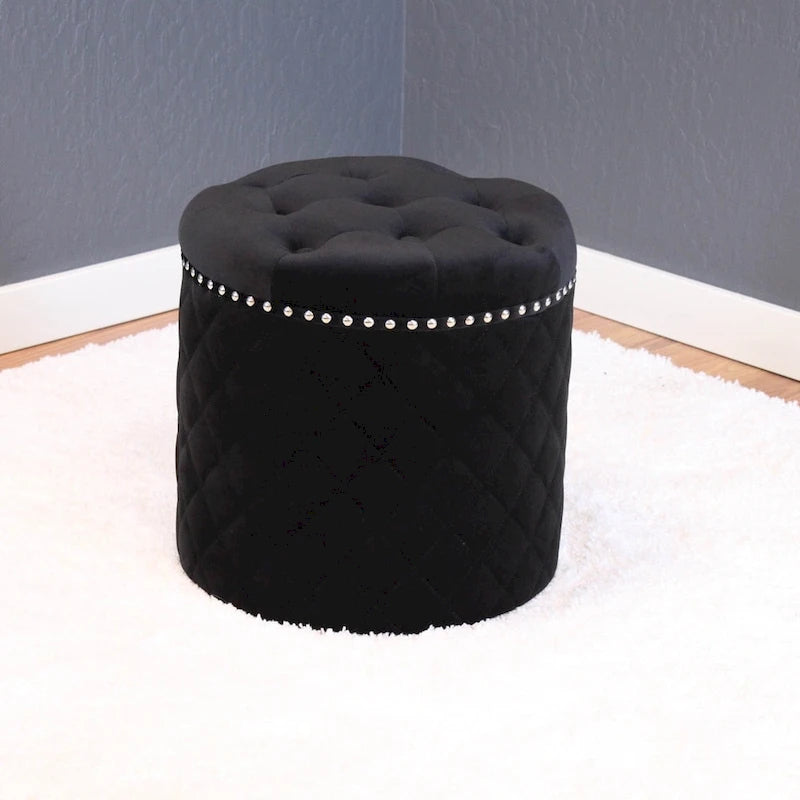 Round Velvet Ottoman with Button Tufting and Chrome Nailheads