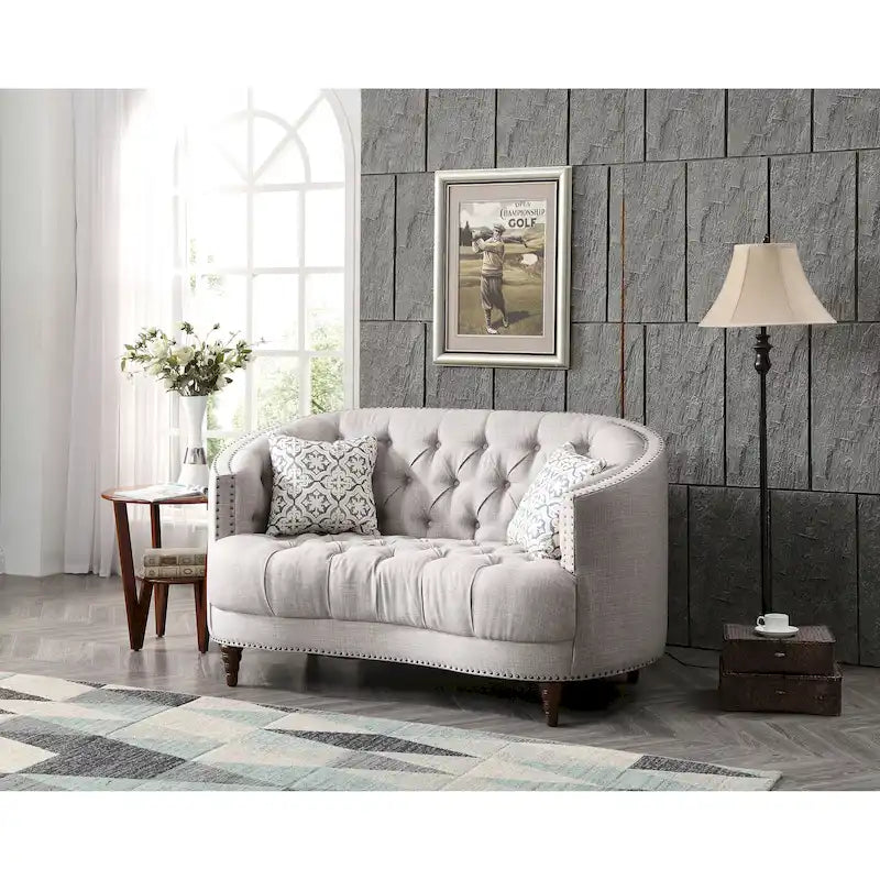 Traditional Tufted Fabric Loveseat with Throw Pillows