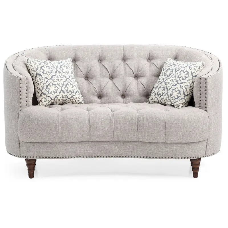 Traditional Tufted Fabric Loveseat with Throw Pillows