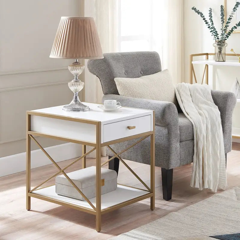 Mixed Metal and Wood Drawer End Table with Gold X-Motif Frame