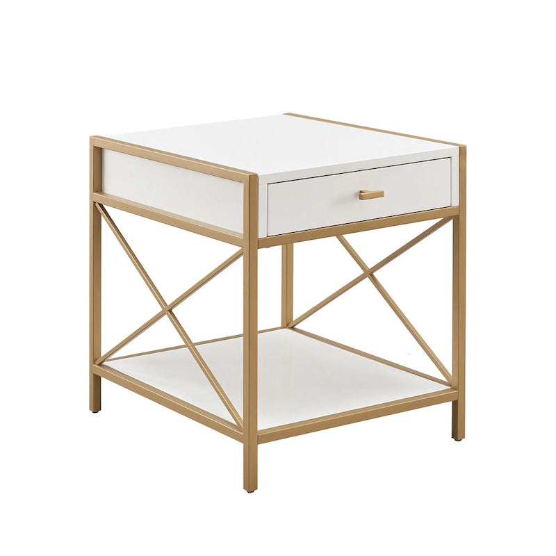 Mixed Metal and Wood Drawer End Table with Gold X-Motif Frame