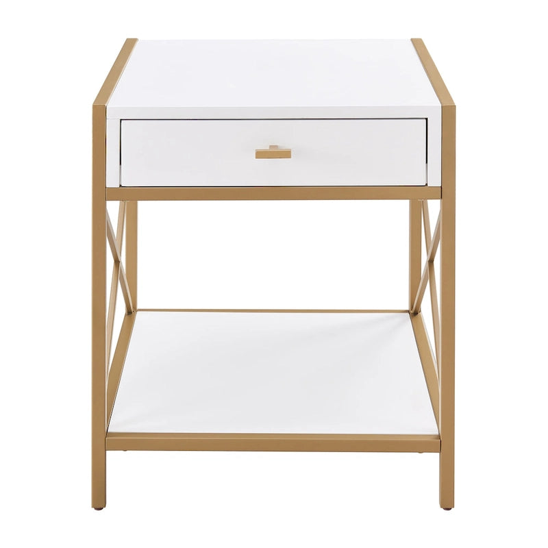 Mixed Metal and Wood Drawer End Table with Gold X-Motif Frame