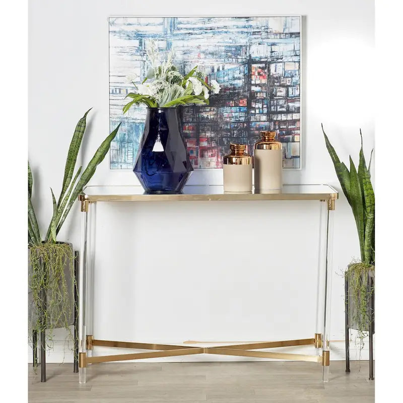 Metal Console Table with Mirrored Top and Acrylic Legs - Gold or Silver