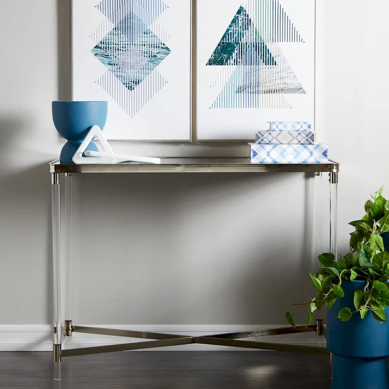 Metal Console Table with Mirrored Top and Acrylic Legs - Gold or Silver