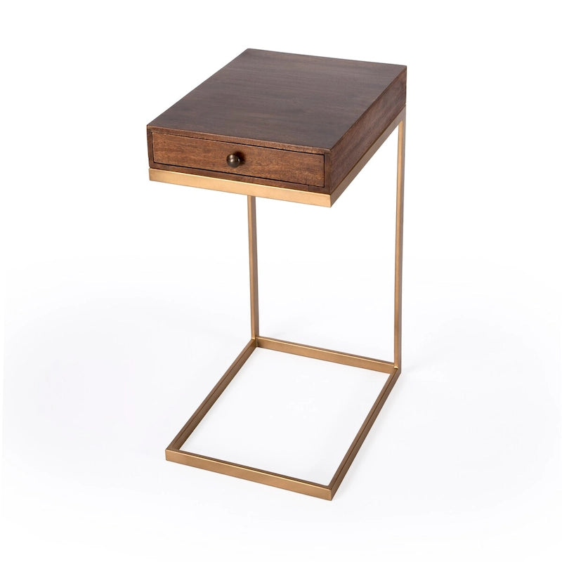 C-Shaped End Table with Drawer, Walnut Brown Finish and Gold Iron Frame