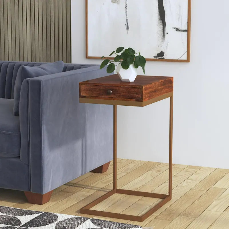C-Shaped End Table with Drawer, Walnut Brown Finish and Gold Iron Frame
