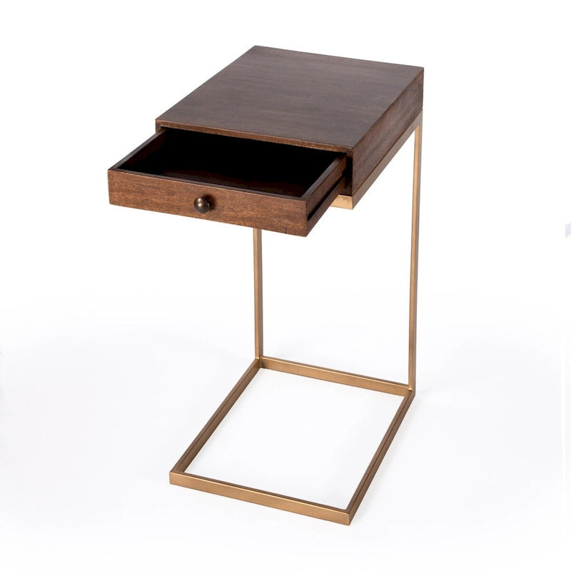 C-Shaped End Table with Drawer, Walnut Brown Finish and Gold Iron Frame