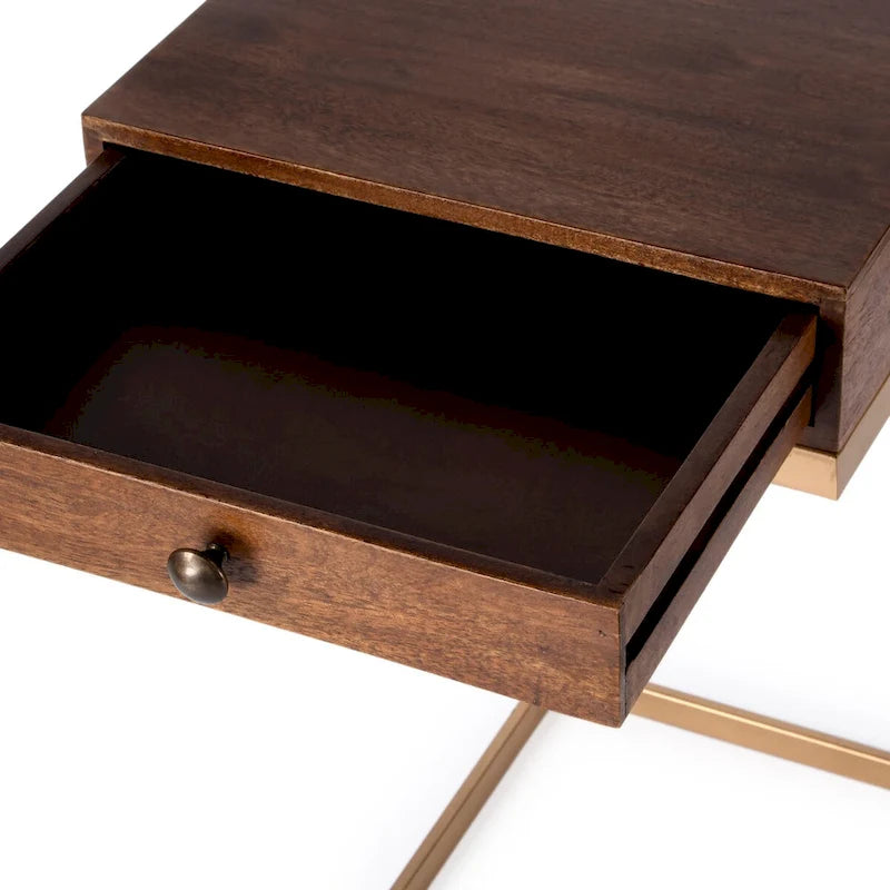 C-Shaped End Table with Drawer, Walnut Brown Finish and Gold Iron Frame