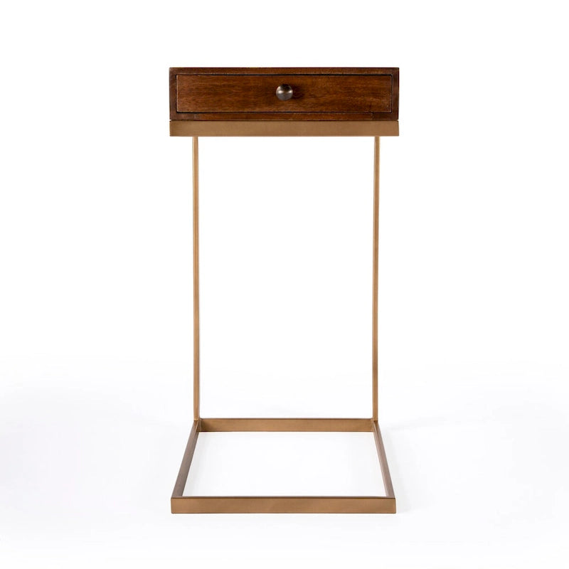 C-Shaped End Table with Drawer, Walnut Brown Finish and Gold Iron Frame