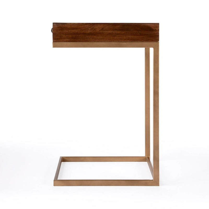 C-Shaped End Table with Drawer, Walnut Brown Finish and Gold Iron Frame
