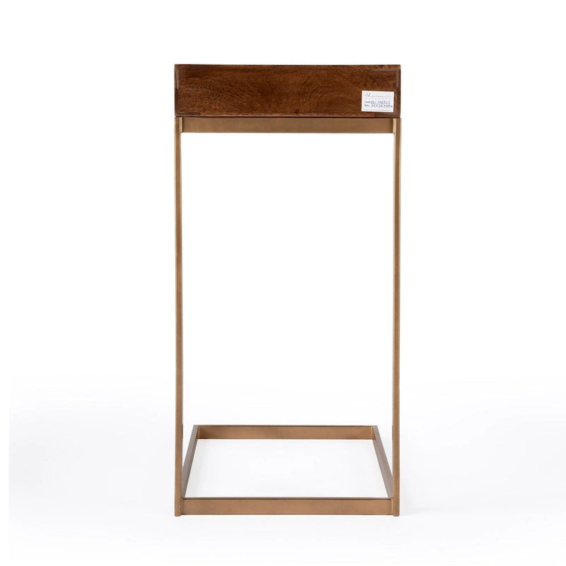 C-Shaped End Table with Drawer, Walnut Brown Finish and Gold Iron Frame
