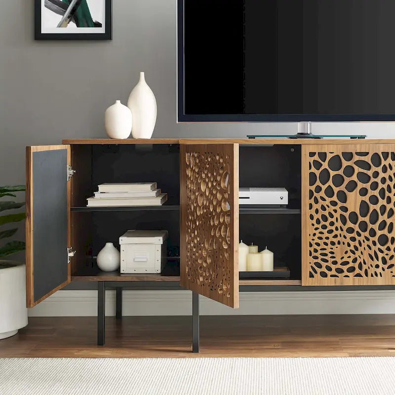 Nature-Inspired Wooden Sideboard with Adjustable Shelves and Sliding Doors
