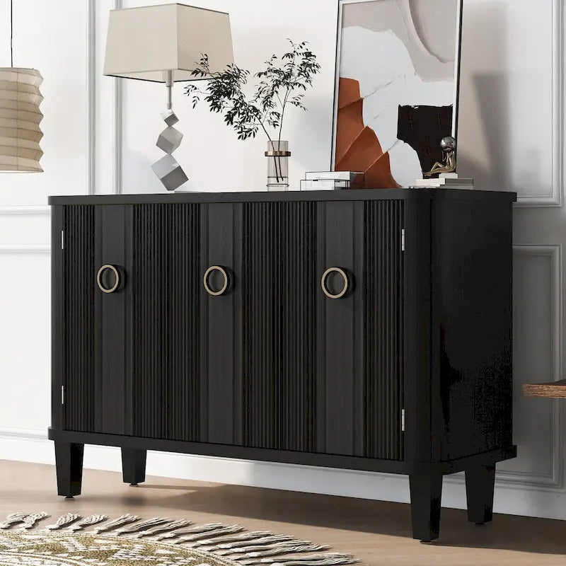 3-Door Fluted Sideboard with Tapered Legs – Black