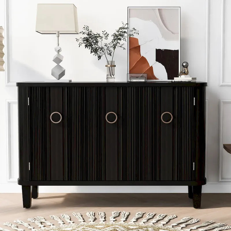 3-Door Fluted Sideboard with Tapered Legs – Black