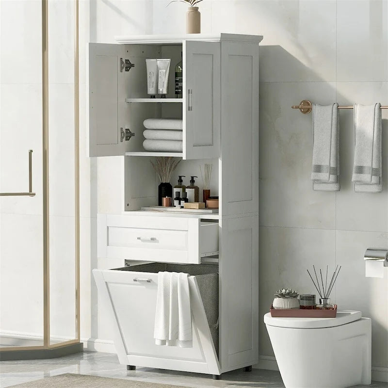 Tall Bathroom Cabinet with Laundry Basket and Large Storage Space