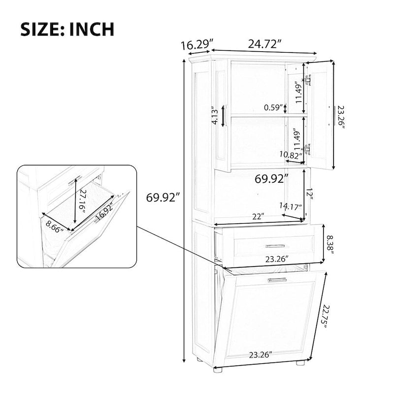 Tall Bathroom Cabinet with Laundry Basket and Large Storage Space