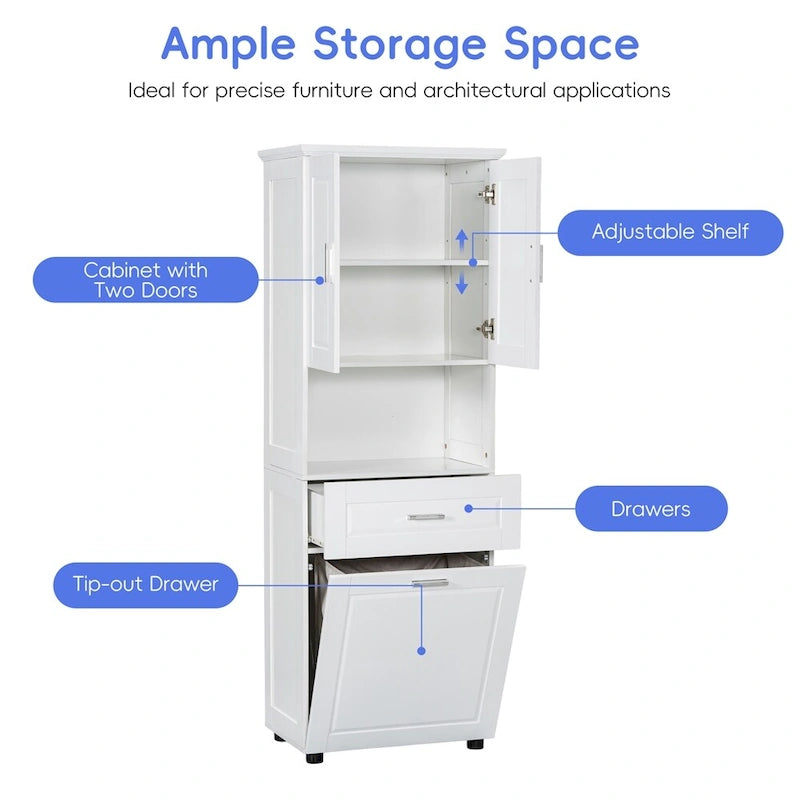 Tall Bathroom Cabinet with Laundry Basket and Large Storage Space